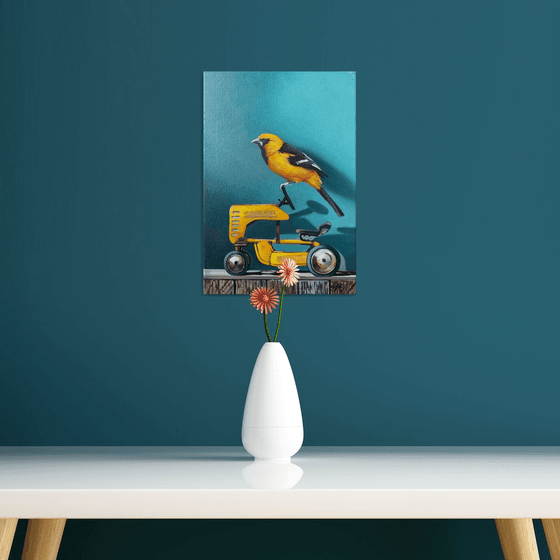 Still life with bird and toy (24x35cm, oil painting, ready to hang)