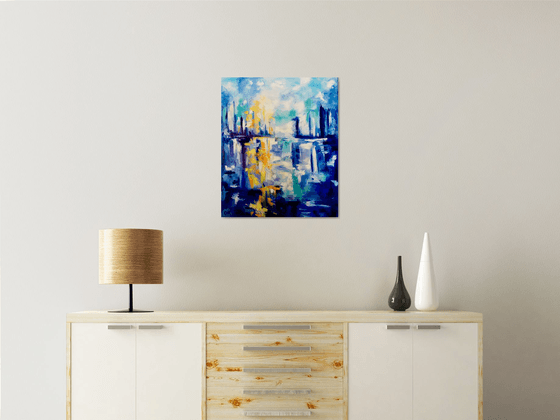 Abstract Blue Dream city, variations of blue colours: ultramarine, navy blue, turquoise, sky blue, cobalt, palette knife original artwork.