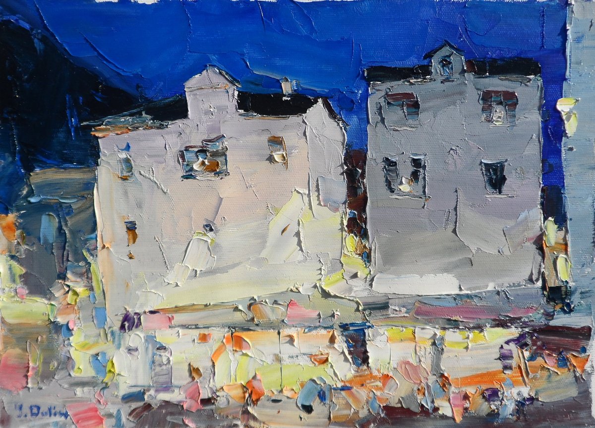 Impressionistic Landscape Oil Painting By Yehor Dulin, 14 X 10", " Evening Cafe", Original Artwork