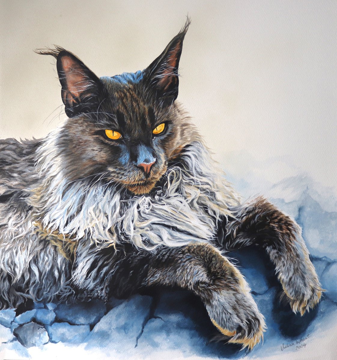 Photorealistic Animal Acrylic Painting By Julian Wheat, 20 X 22", Maine Coon Ruff Cat, Original Artwork