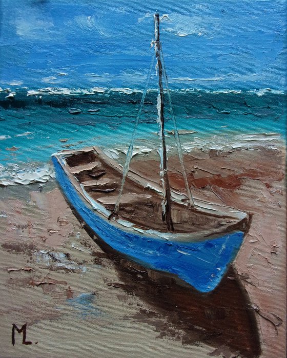 " BLUE BOAT " SHIP BOAT SAIL original painting palette knife GIFT MODERN URBAN ART OFFICE ART DECOR HOME DECOR GIFT IDEA