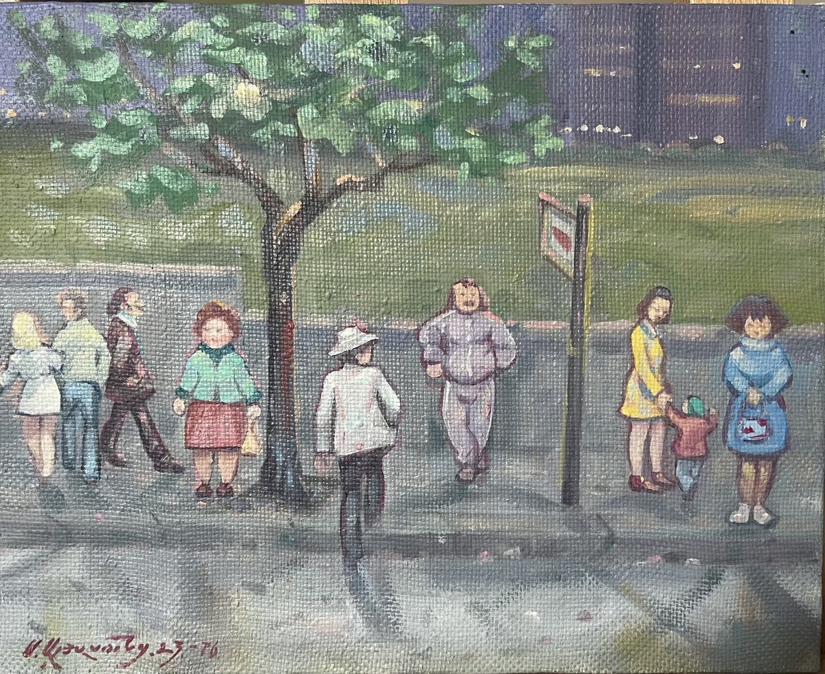 Impressionistic Cityscapes Oil Painting By Samvel Atasunc, 12 X 9", Waiting For The Bus, Original Artwork