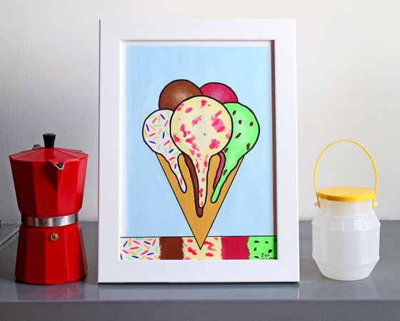 Melting Five Scoops Ice Cream Cone Pop Art Painting On A4 Paper