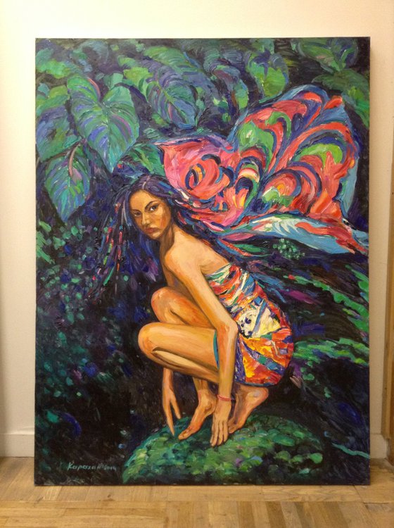 MOTH - Virgo zodiac sign - fgurative original oil painting, large, deep blue, butterfly