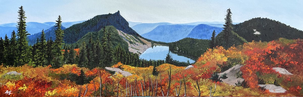 Photorealistic Landscape Acrylic Painting By Anne Shaughnessy, 24 X 8, Mt. Mccausland/Lake Valhalla, Original Artwork
