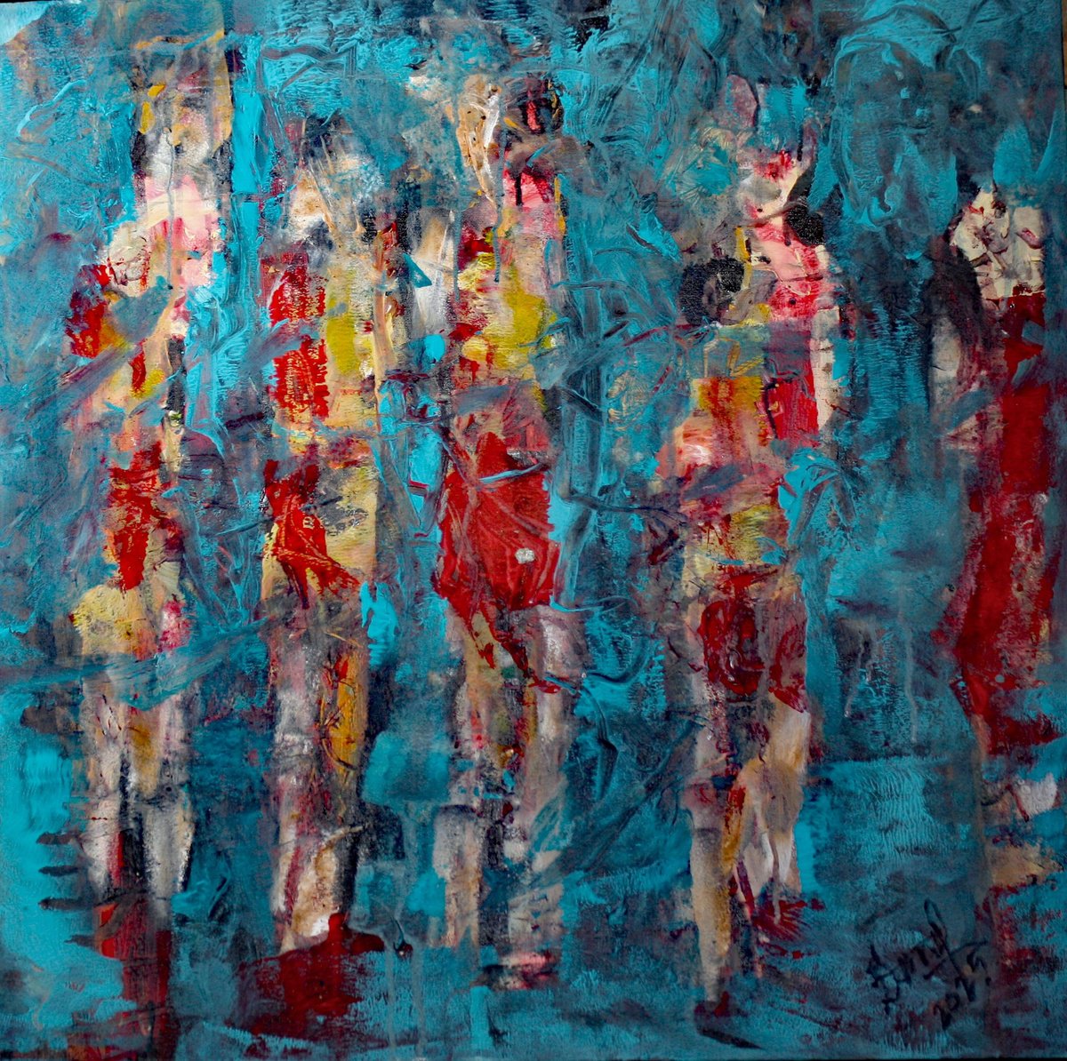 Portrait Acrylic Painting By Jacques Donneaud, 28 X 28, Silhouettes Nocturnes, Original Artwork