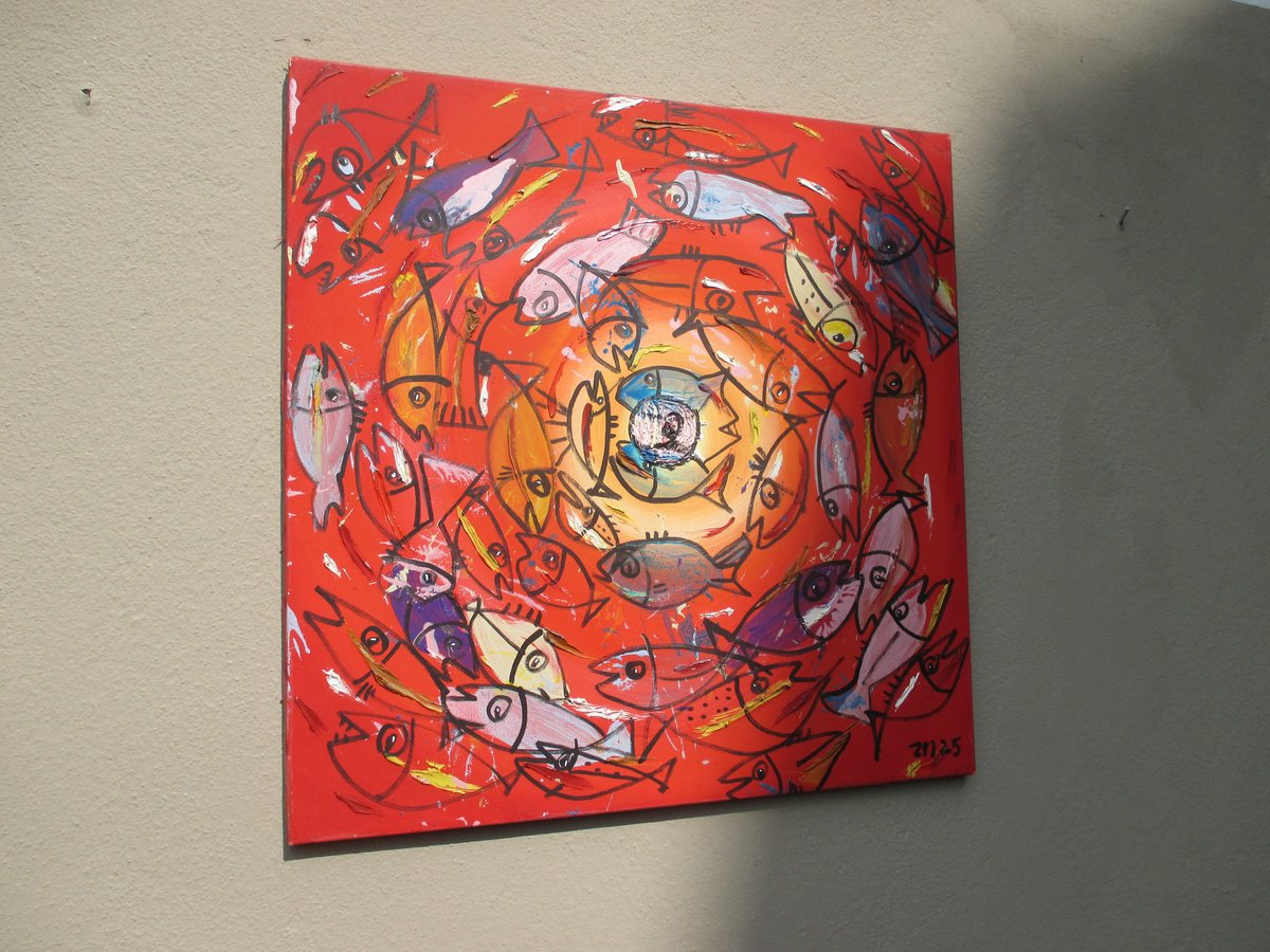 Expressive Animal Acrylic Painting By Sonja Zeltner-Muller, 28 X 28", Coloured Fishes Jumping, Original Artwork