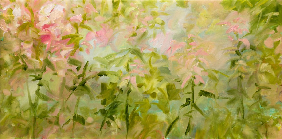Impressionistic Botanical Oil Painting By Fabienne Monestier, 39 X 20, Pastel Flowers, Original Artwork