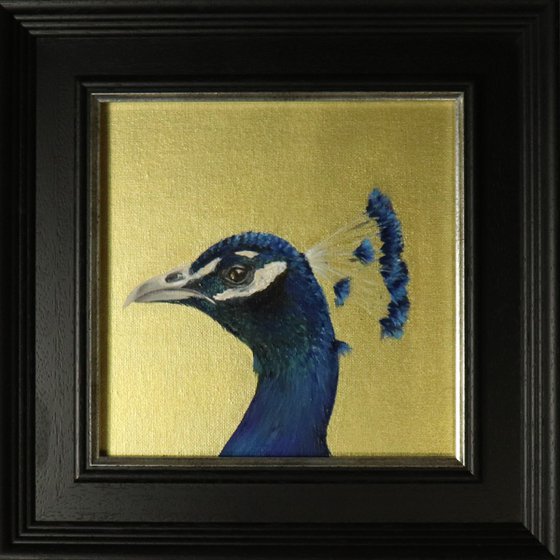 Peacock Portrait II Original Oil Painting, Bright Blue Bird Painting with Gold Backdrop, not Print