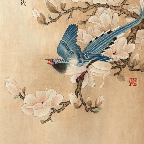 Magnolia Flower & Blue Magpies, Original Gongbi Brush Painting