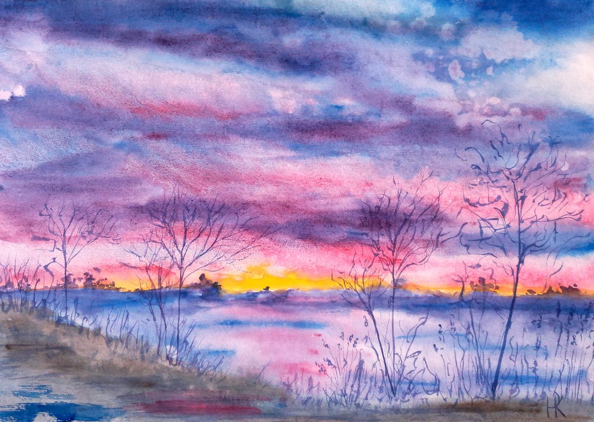 Impressionistic landscape spring morning sunrise riverscape original watercolor paintingE... by Halyna Kirichenko
