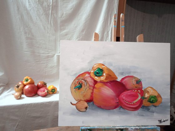 Still life with tomatoes and bell peppers