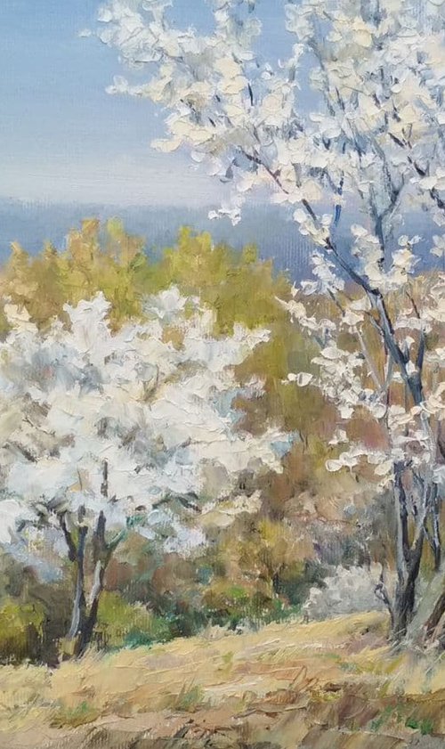 Spring views. Calm / Flowering hills. Blue horizon. Original painting by Olha Malko