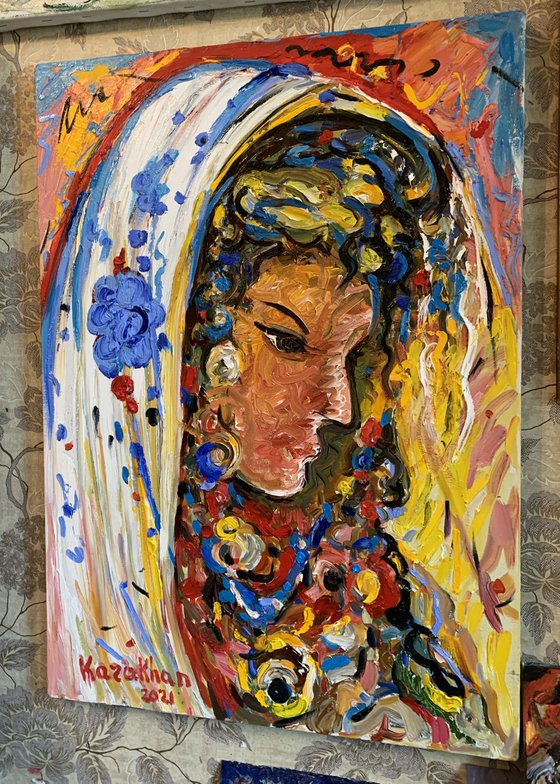 PORTRAIT OF A BEAUTIFUL GIRL IN A SCARF  female portrait, face, original oil painting, love, young girl 75x50