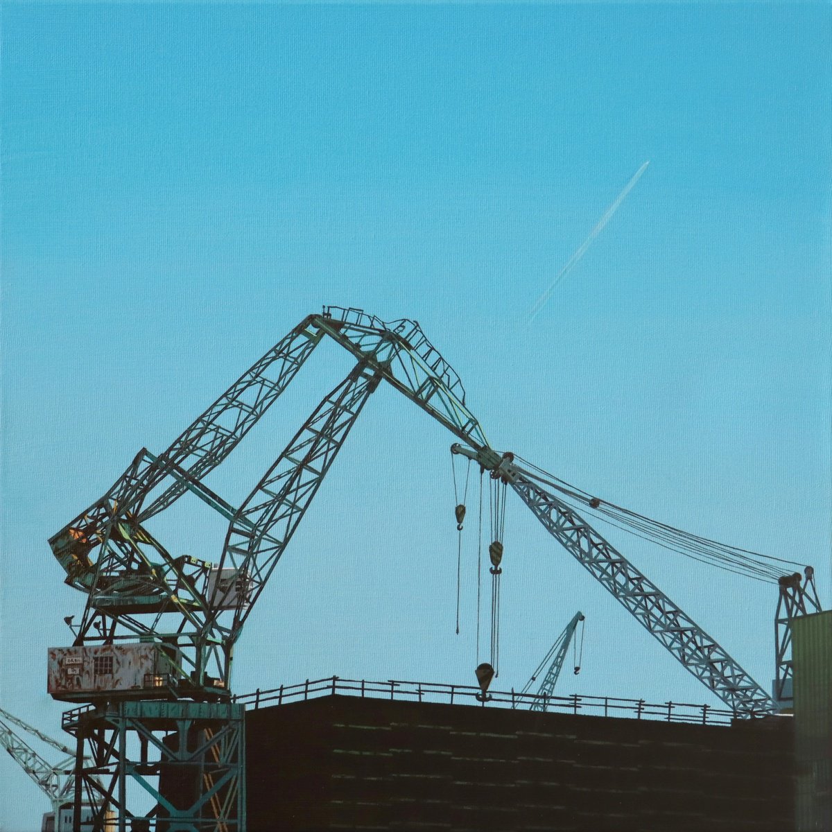Photorealistic Cityscapes Acrylic Painting By Zoltan Till, 20 X 20", Cranes In Shipyard, Original Artwork