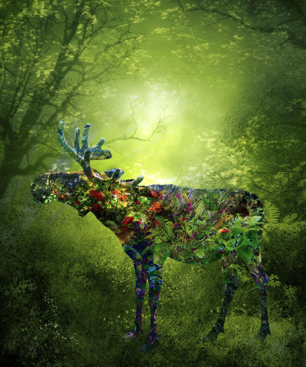 Illustrative Animal Photograph By Srdjan Jevtic, 33 X 39", Flower Deer, Original Artwork