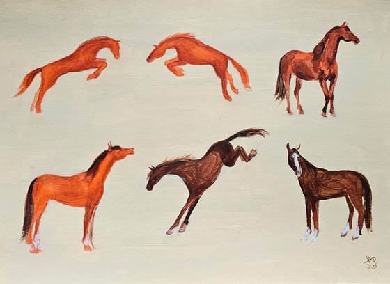 Six chestnut minimalist horses in motion