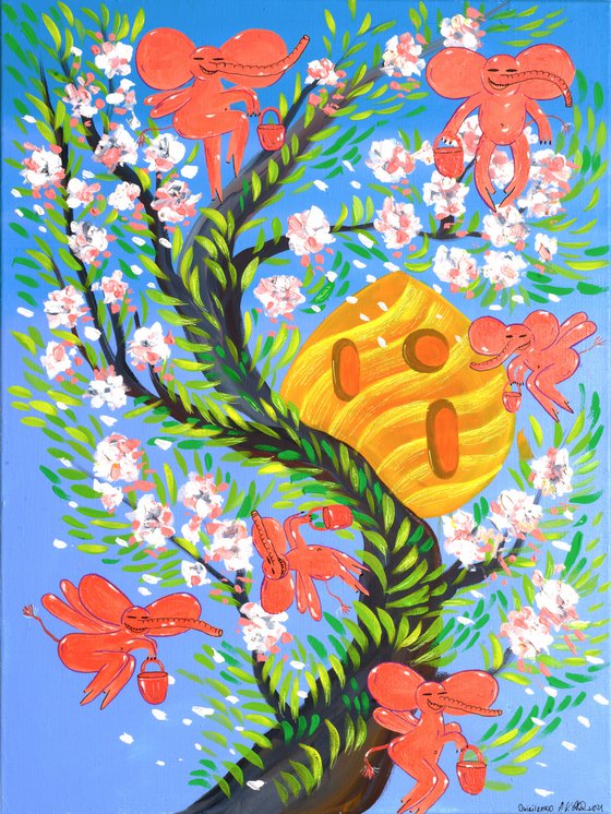 Spring sakura and honey bees - elephants. Honey bee. Elephant. Blooming cherry. Pink version. Spring flowers and blue sky.