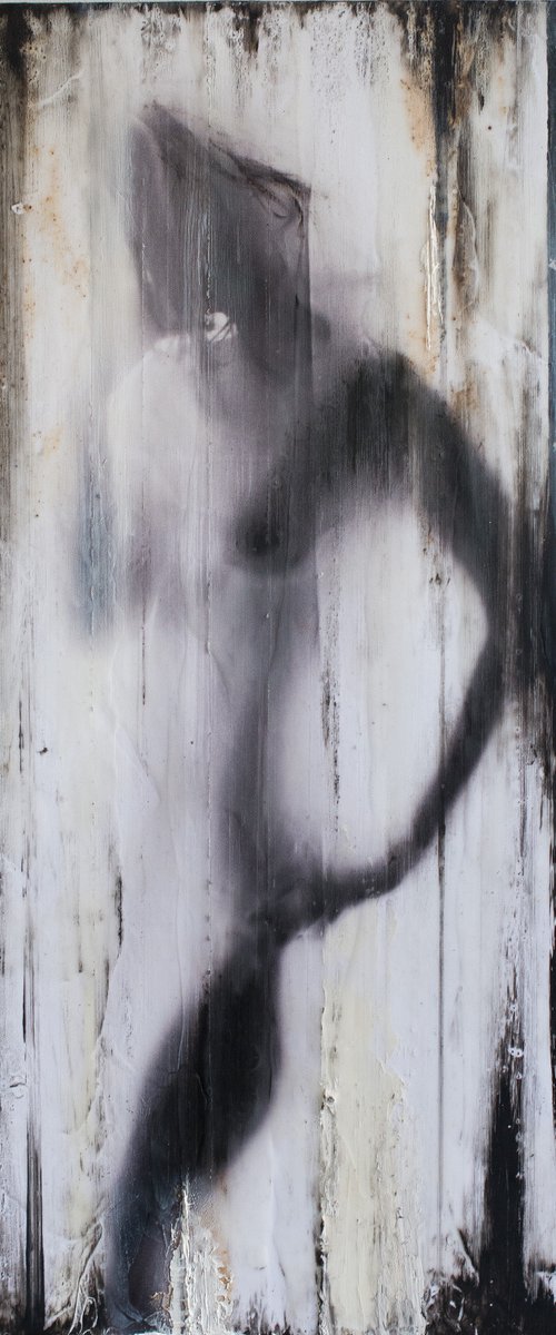 "Chasing sorrow" (60x30x1,3cm) - Unique portrait artwork on wood (abstract, portrait, gouache, original, painting, coffee, acrylic, oil, watercolor, encaustics, beeswax, resin, wood, fingerpaint) by Rouzbeh Tahmassian