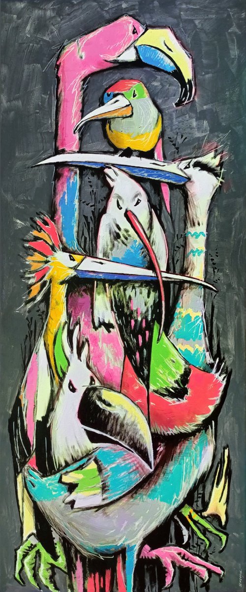 Expressive Animal Acrylic Painting By Evgen Semenyuk, 18 X 43, Hi Flight Challenge, Original Artwork