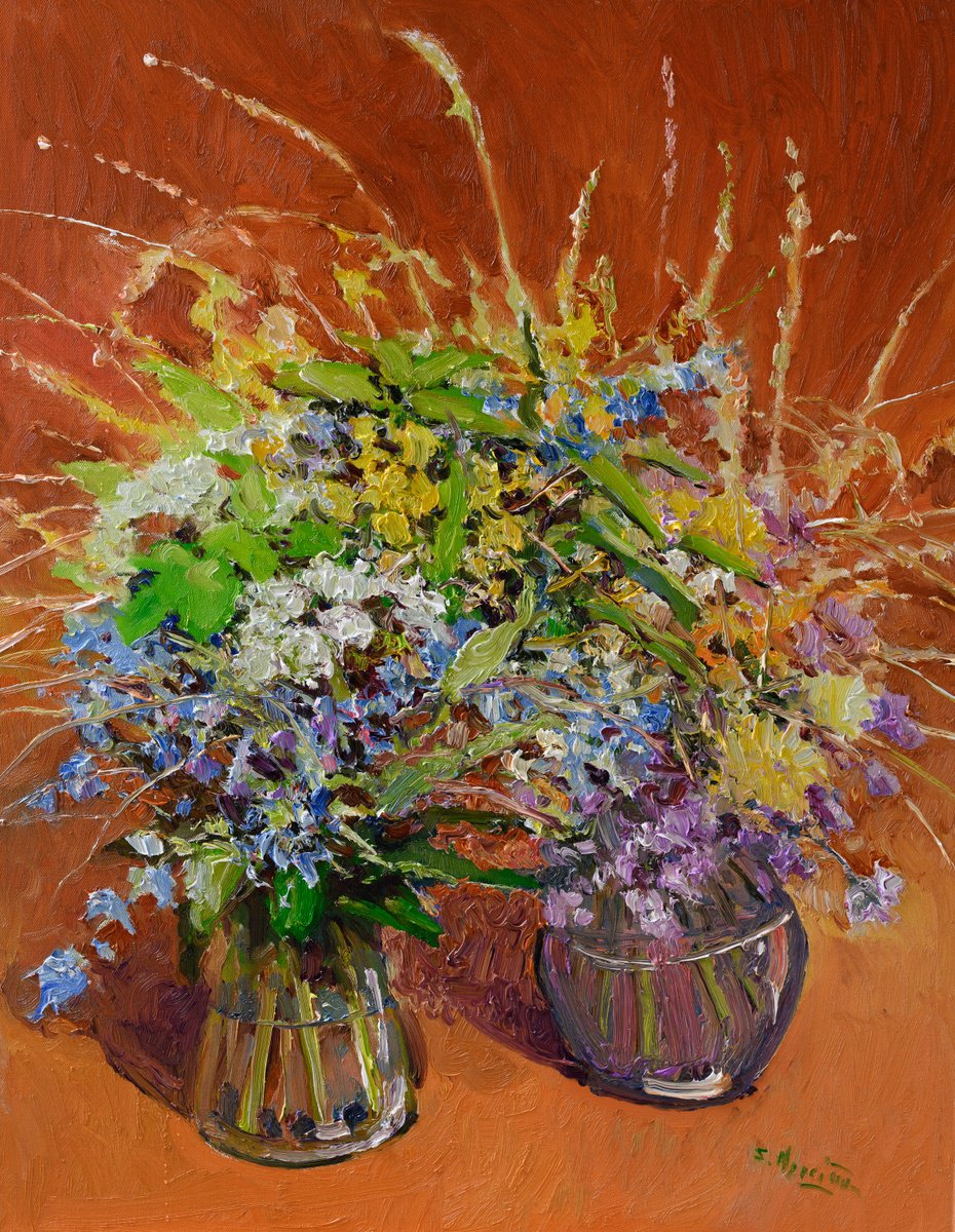 Expressive Botanical Oil Painting By Suren Nersisyan, 22 X 28", Expressive Wildflowers, Original Artwork