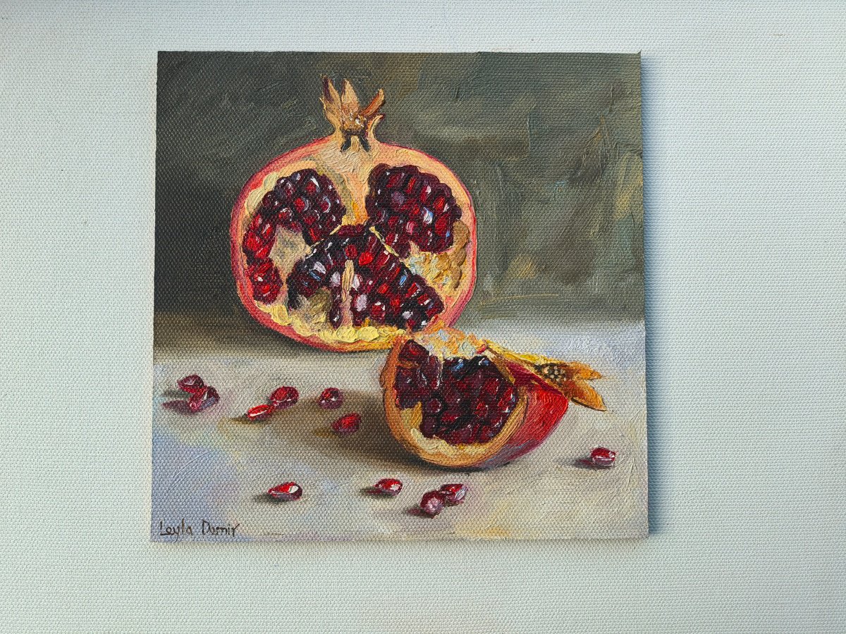 Impressionistic Still Life Oil Painting By Leyla Demir, 8 X 8", Pomegranates Slices, Original Artwork