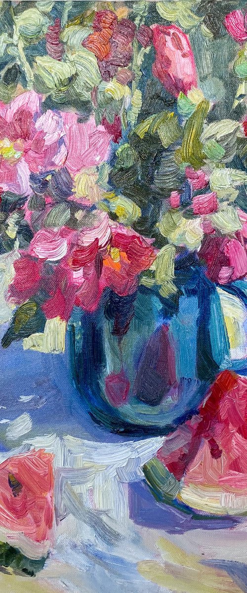 Holly hock flowers and watermelon by Nataliia Nosyk