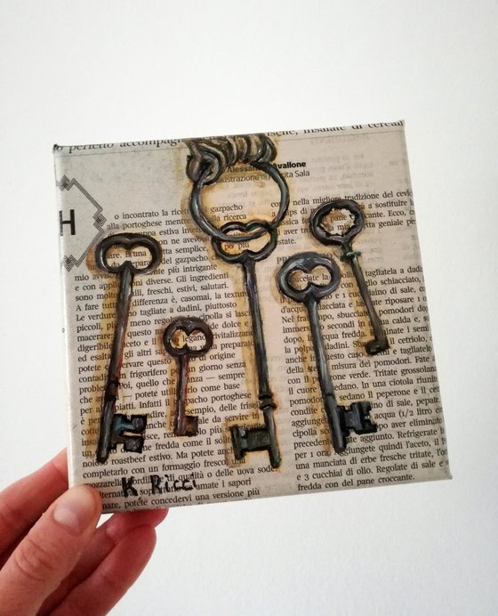 "Skeleton Keys on Newspaper" Original Oil on Canvas Painting 6 by 6 inches (15x15 cm)