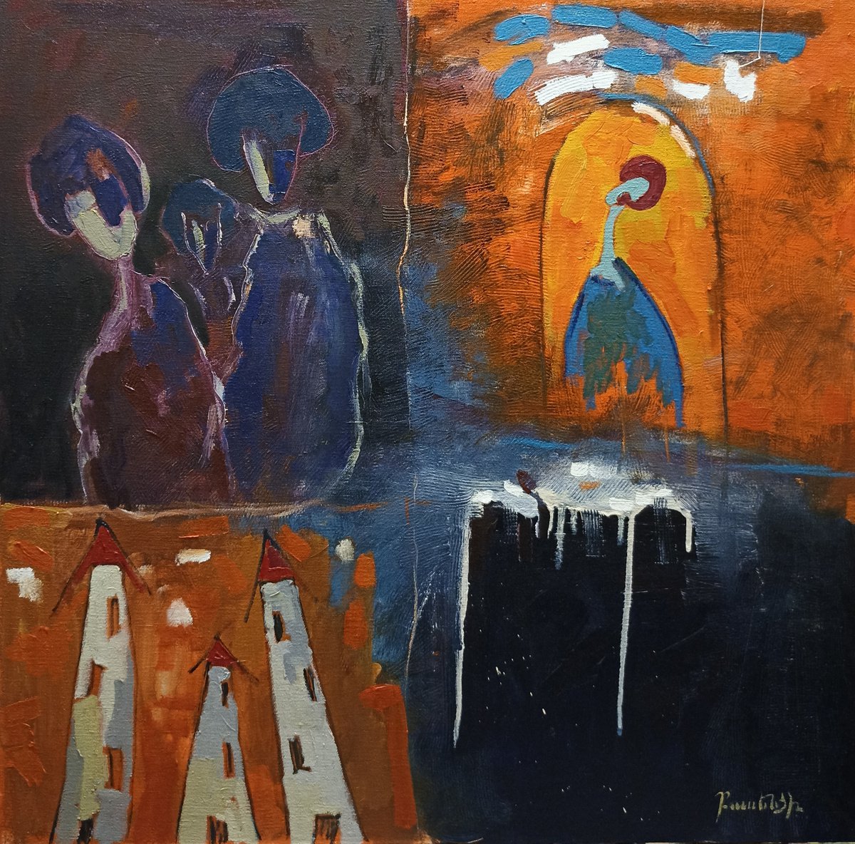 Abstract Portrait Oil Painting By Artyom Basenci, 28 X 28, Mental State (70X70Cm, Oil Painting, Ready To Hang), Artfinder