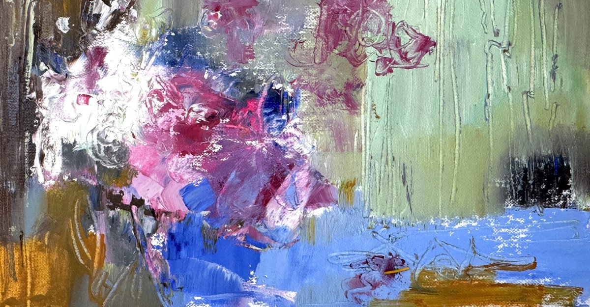 Abstract Oil Painting By Olha Laptieva, 9 X 5", Branch Of Magnolia In A Vase 1, Original Artwork