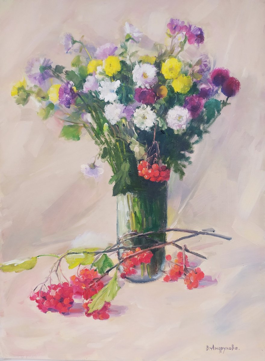 Impressionistic Still Life Oil Painting By Valentina Andrukhova, 16 X 22", Flowers With Viburnum, Original Artwork