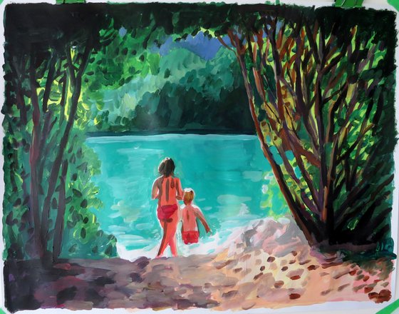 lake scene with bathers