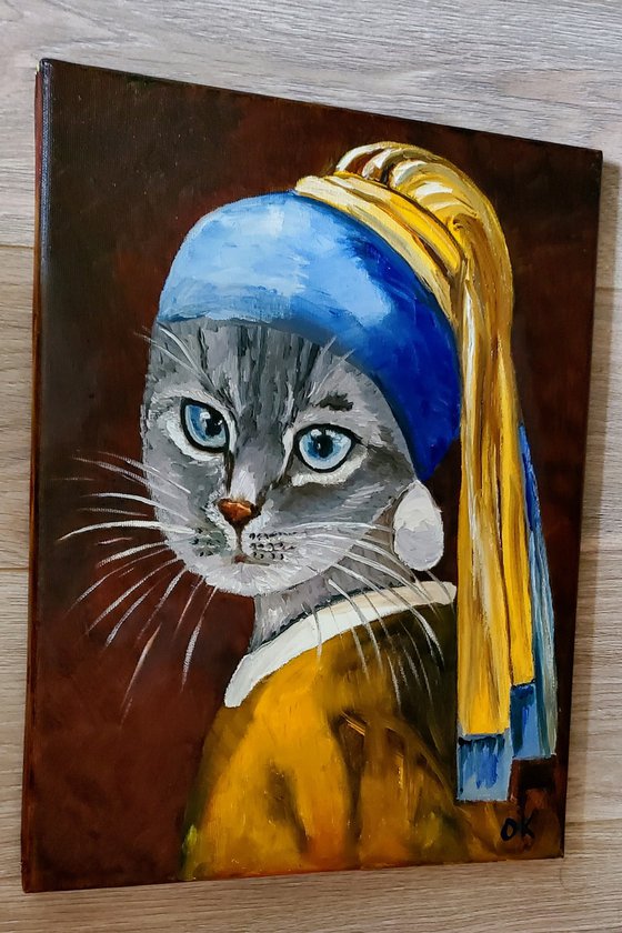 British blue Cat with the pearl earring #3 inspired by Vermeer painting feline art for cat lovers gift idea