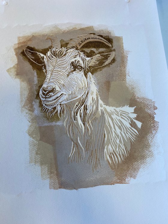 Goat – reduction linocut print