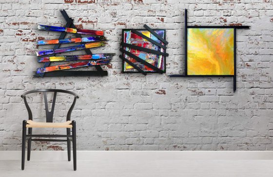 "Makeshift" - Save As A Series - Original PMS Mixed Media Sculptural Paintings On Canvas and Wood, Framed - 91 x 36 inches