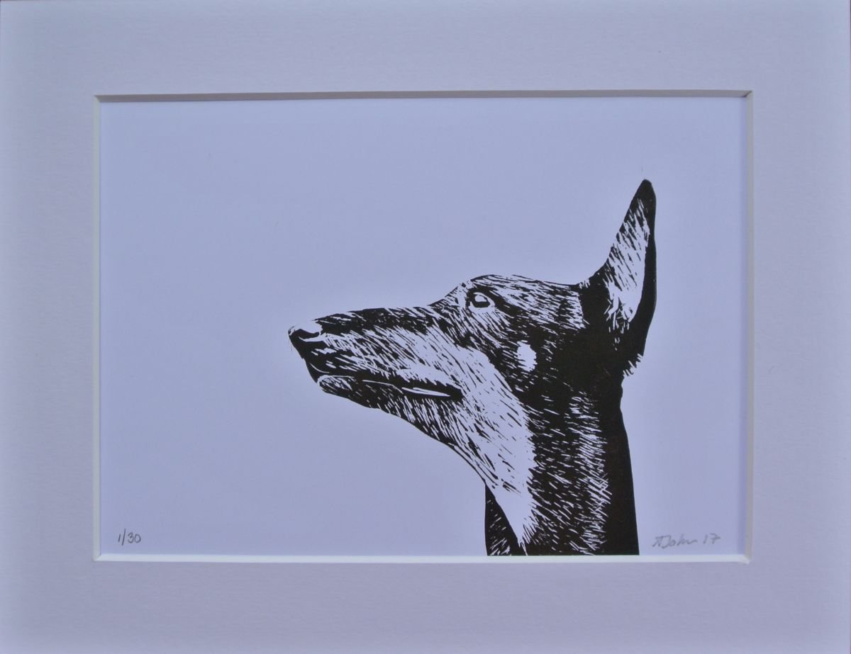 Dog Linocut, Print on Paper, Mounted by Alex Jabore Paintings and Prints