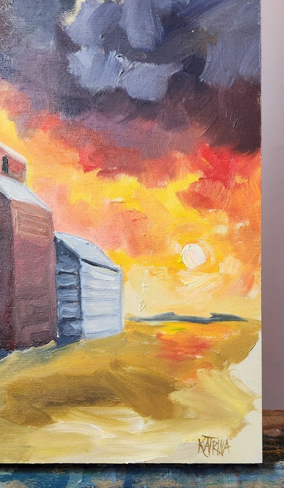 "Againts a Fiery Sky" - Landscape - Grain Elevators