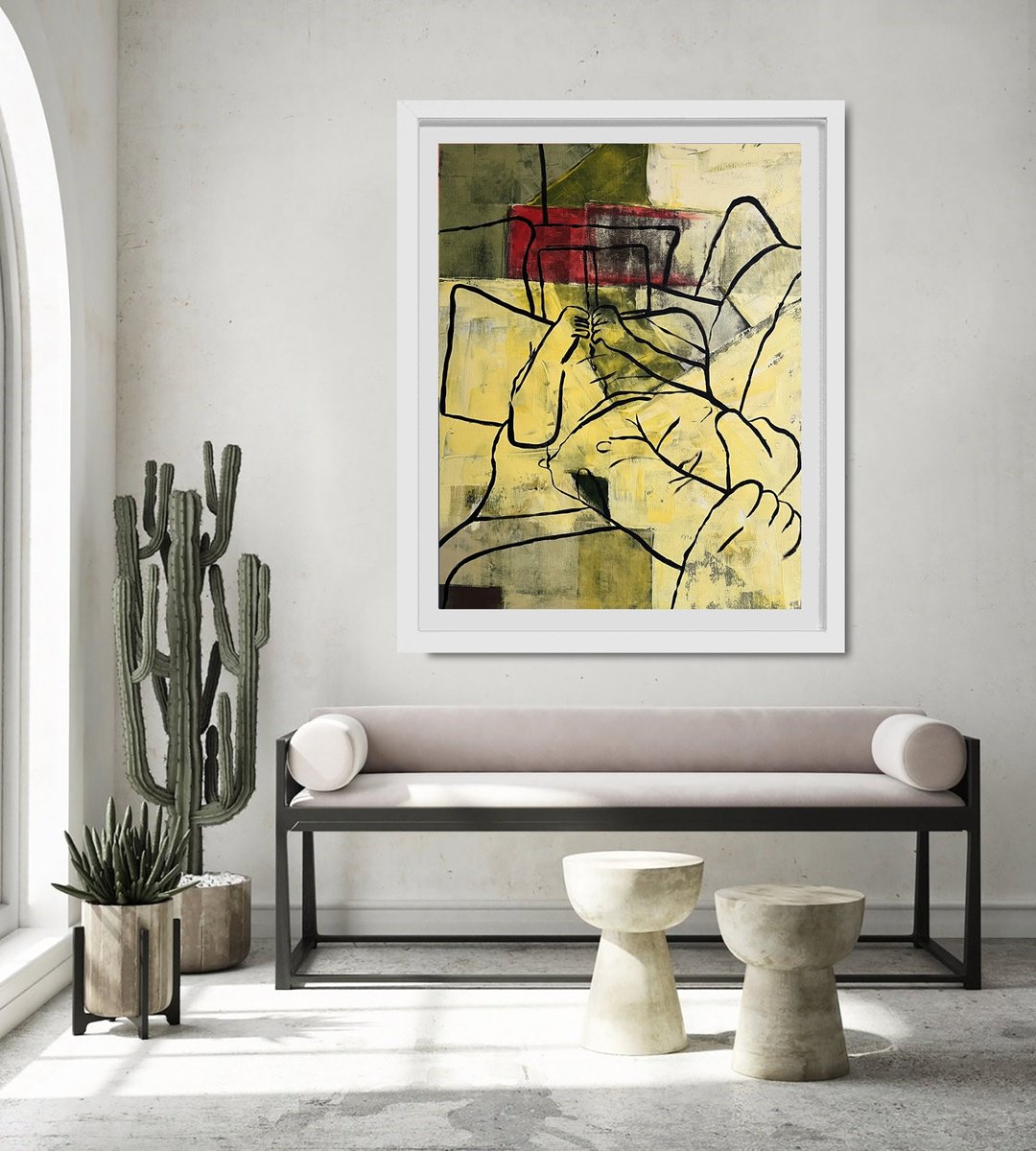 Illustrative Portrait Acrylic Painting By Nick Molloy, 35 X 41", A Really Good Read, Original Artwork