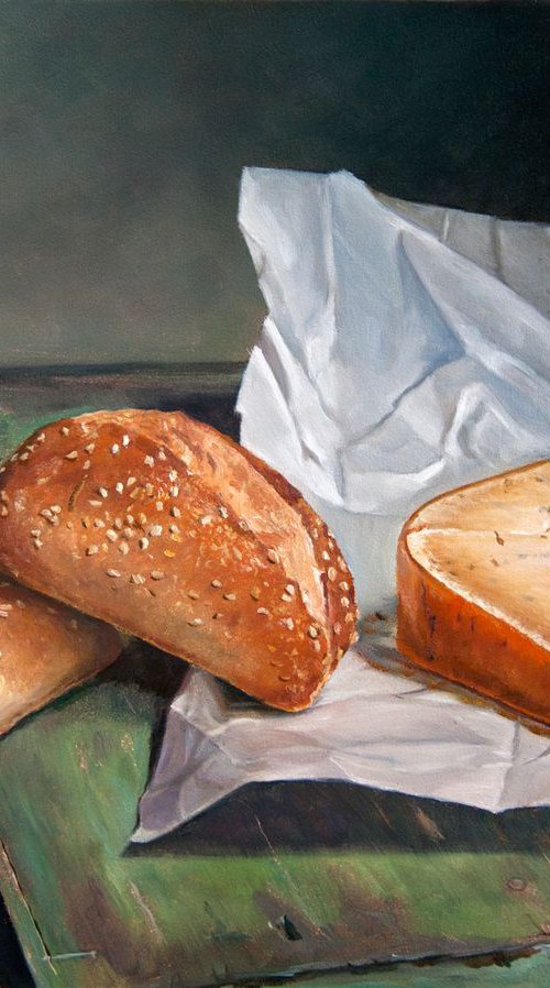 Old Dutch cheese (cumin) with bread (Original Oil Painting, 100% Handmade) by Mayrig Simonjan