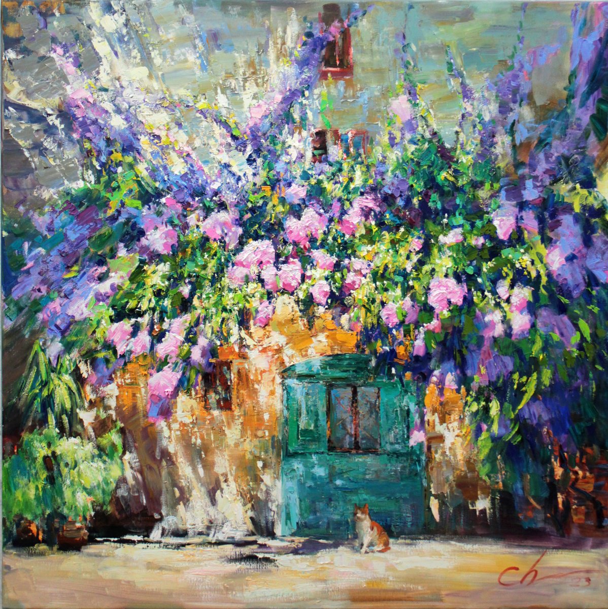 Impressionistic Landscape Oil Painting By Serhii Cherniakovskyi, 31 X 31", Blooming Street Greece, Original Artwork