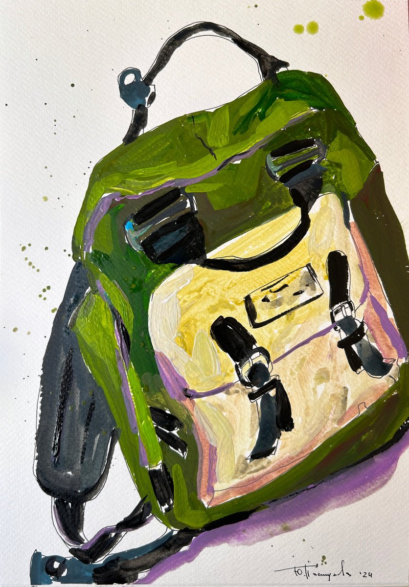 Illustrative Still Life Painting By Yuliia Pastukhova, 8 X 11", Backpack Sketch Drawing, Original Artwork
