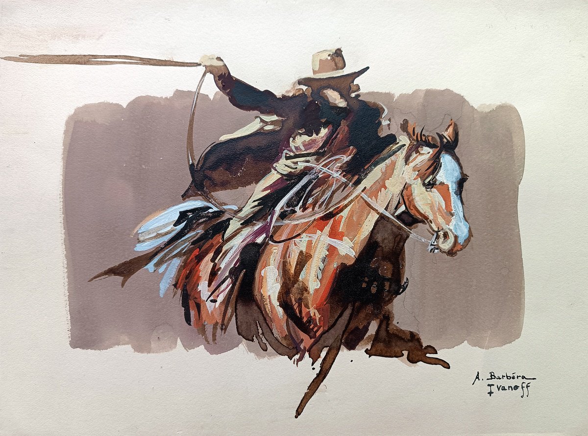 Expressive Animal Painting By Alexandre Barbera-Ivanoff, 16 X 12, Lassoed Movement (1), Original Artwork