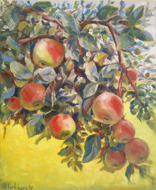 Apples on a branch.(Original oil painting of apple tree with fruits, canvas gallery wrapped ready to hung, gift idea, home decoration idea.) by Mag Verkhovets