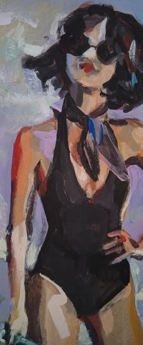 Girl in a black swimsuit On the beach by Iryna Tymkul