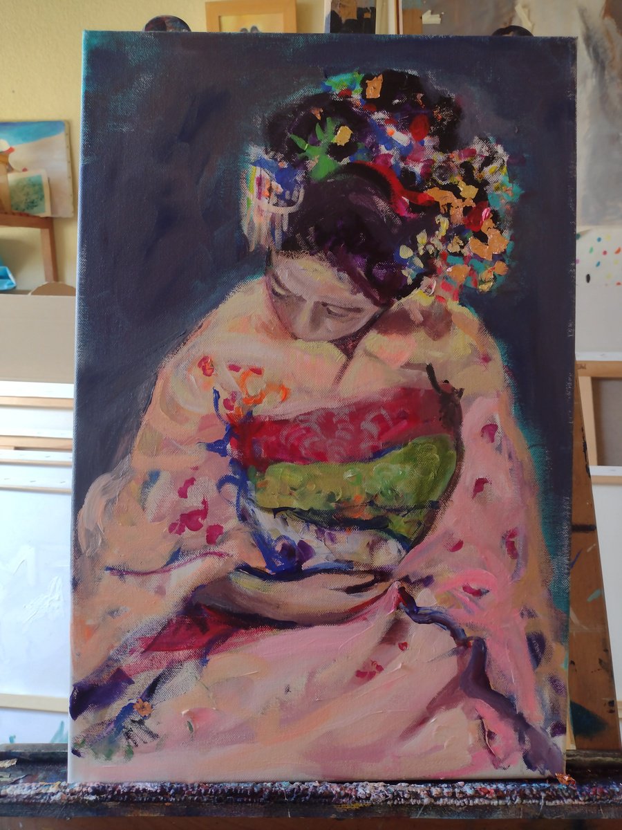 Expressive Portrait Acrylic Painting By Marina Del Pozo, 16 X 24", Little Gheisa Asleep, Original Artwork