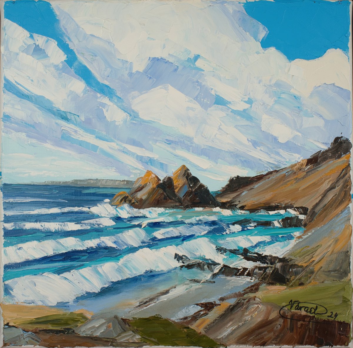 Impressionistic Landscape Oil Painting By Catherine Varadi, 17 X 17, Rough Waves, Original Artwork