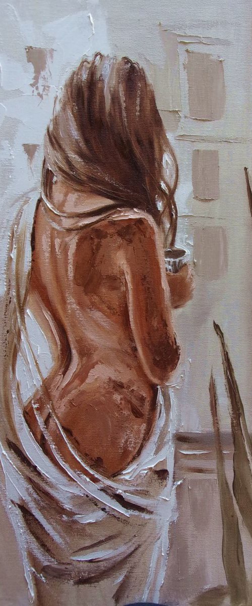 " MORNING COFFEE " - 50x70cm original oil painting on canvas, gift, palette kniffe SPRING by Monika Luniak
