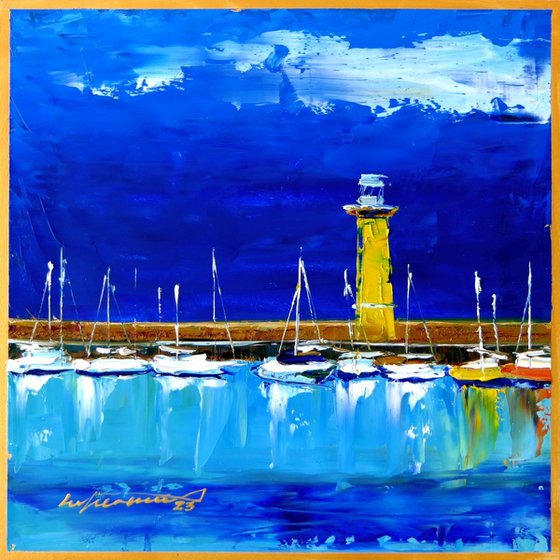 Tranquil Bay on Garda Lake, Italy Seascape, Lighthouse, Oil Painting