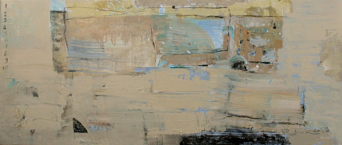 Expressive Abstract Acrylic Painting By Sergiy Dekalyuk, 47 X 20", Composition With Numbers, Original Artwork