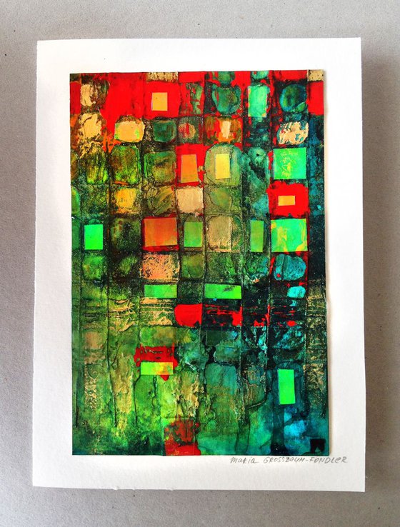 Original abstract painting, Green and Red Fantasy, Original mixed media art card